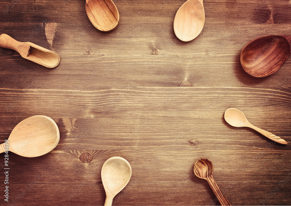 Wooden spoons on table in rustic style. Top view Wooden spoons on table in rustic style. Top view