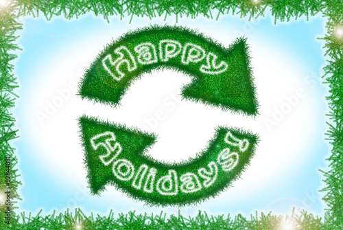 Tinsel style winter holidays greeting card with big recycling sign in green, blue and white.