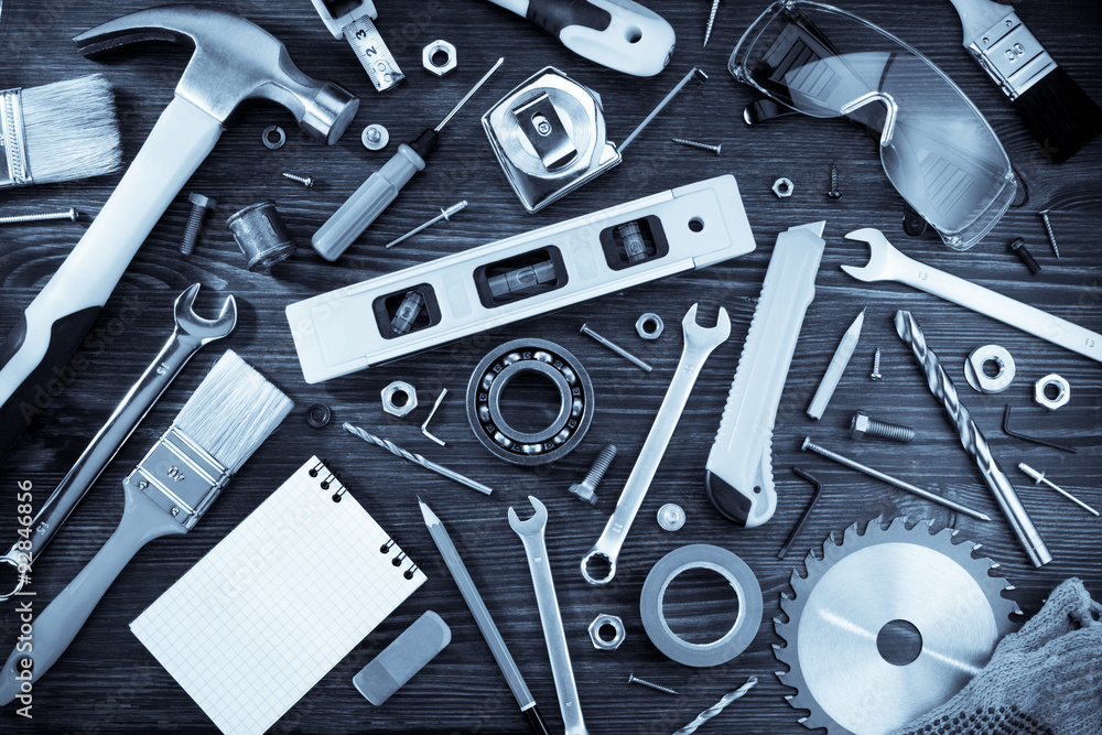 Fototapeta premium set of tools and instruments on wood