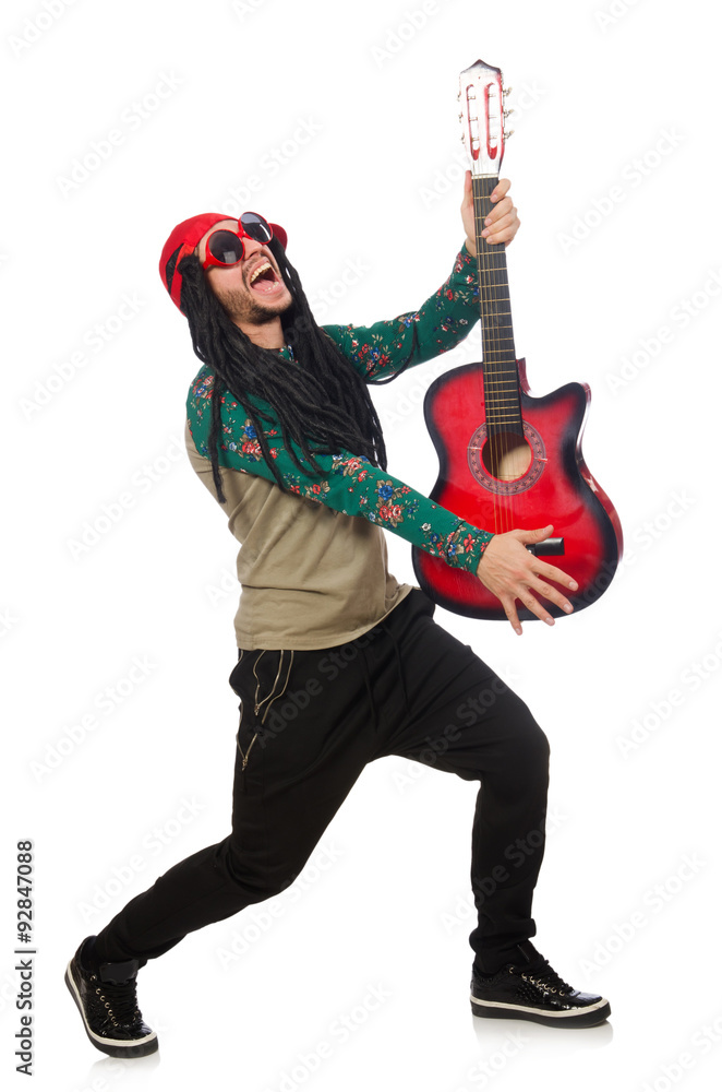 Man with guitar in musical concept on white Man with guitar in musical concept on white