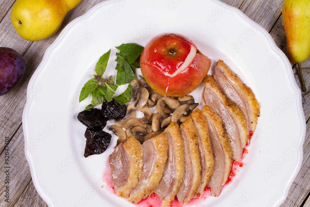 Roasted Duck Breasts with Mushroom, Apple and Plums Stuffing in Red Wine Sause Roasted Duck Breasts with Mushroom, Apple and Plums Stuffing in Red Wine Sause