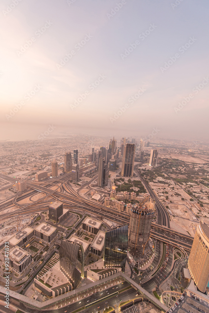 Panorama of night Dubai during sandstorm