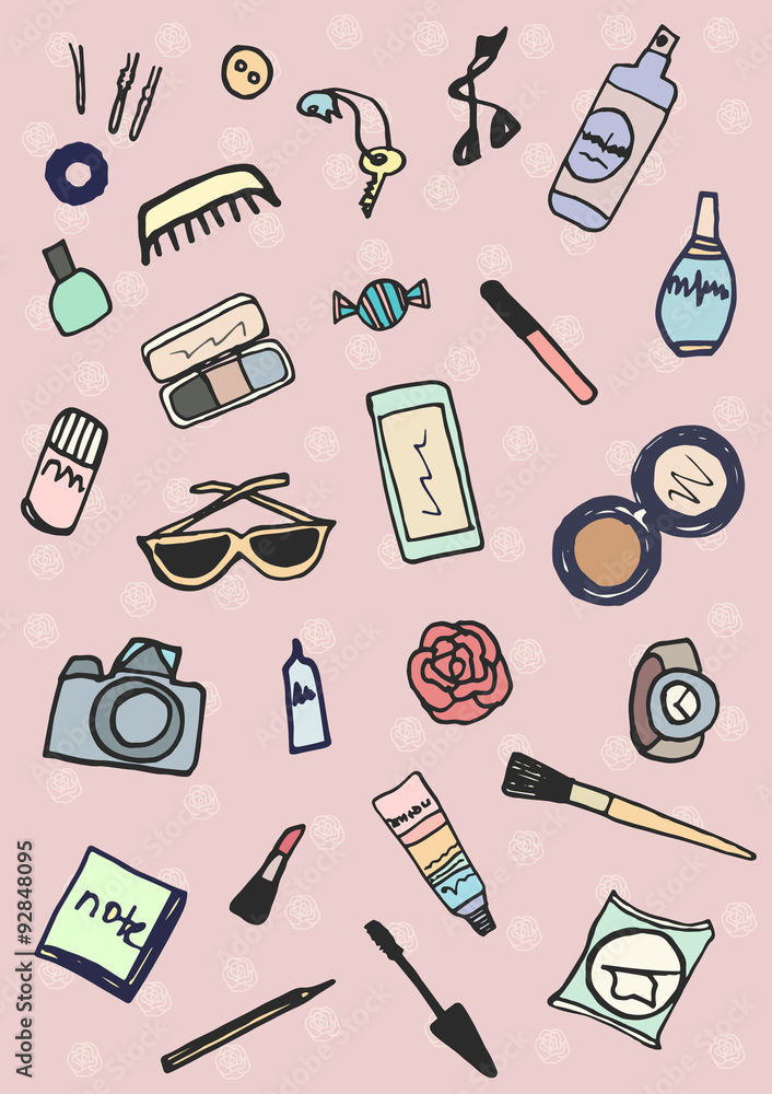 Whats in the bag Hand drawn collection of accessories make-up Whats in the bag Hand drawn collection of accessories make-up