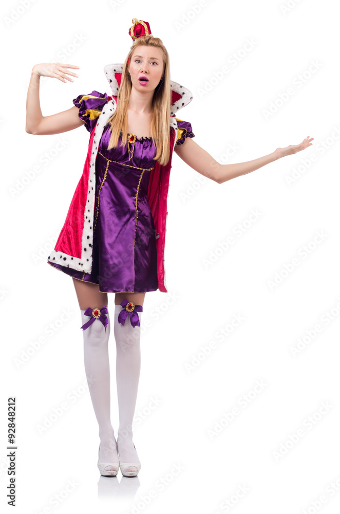 Cute girl in purple masquerade dress and crown isolated on white Cute girl in purple masquerade dress and crown isolated on white