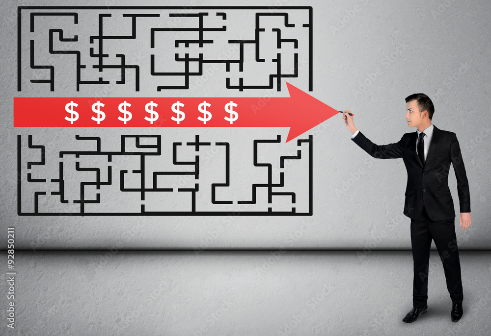 Business man thinking Dollar sign maze Business man thinking Dollar sign maze
