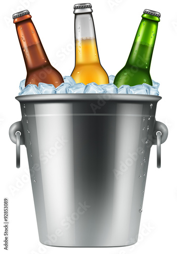 Beer bottles in an ice bucket, realistic vector illustration.