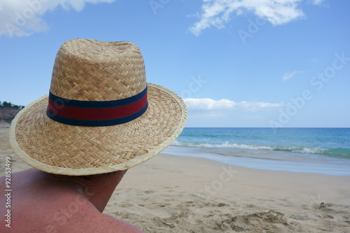 Rear view of man wearing straw sunhat on sunny beach.