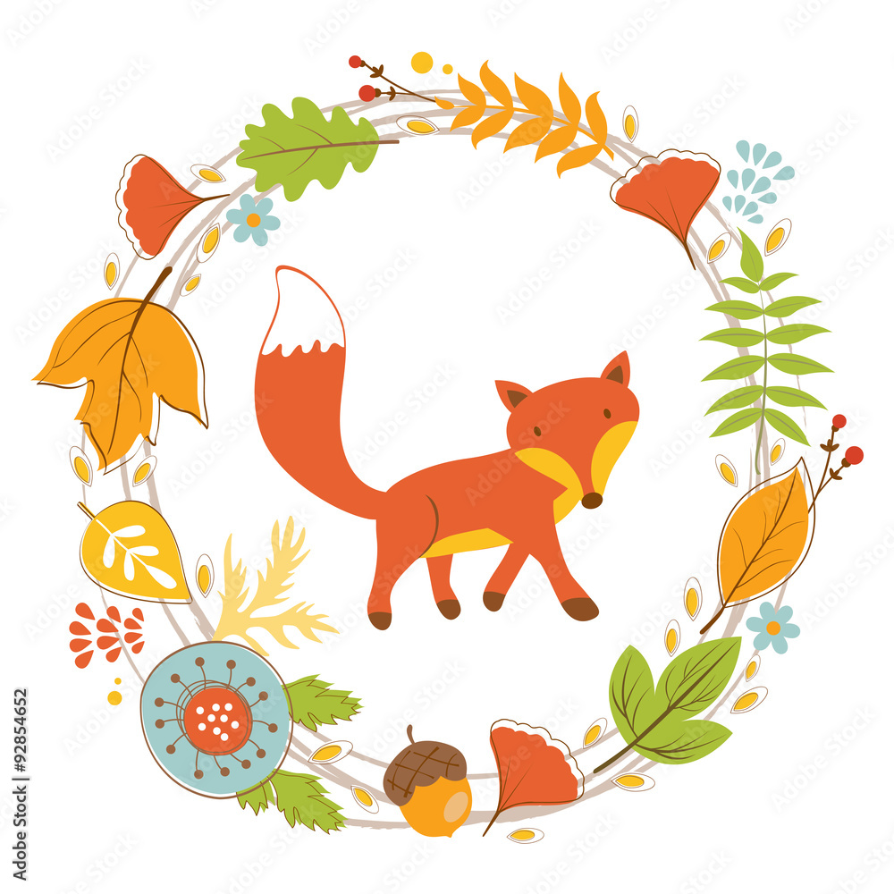 Little fox character in floral wreath Little fox character in floral wreath