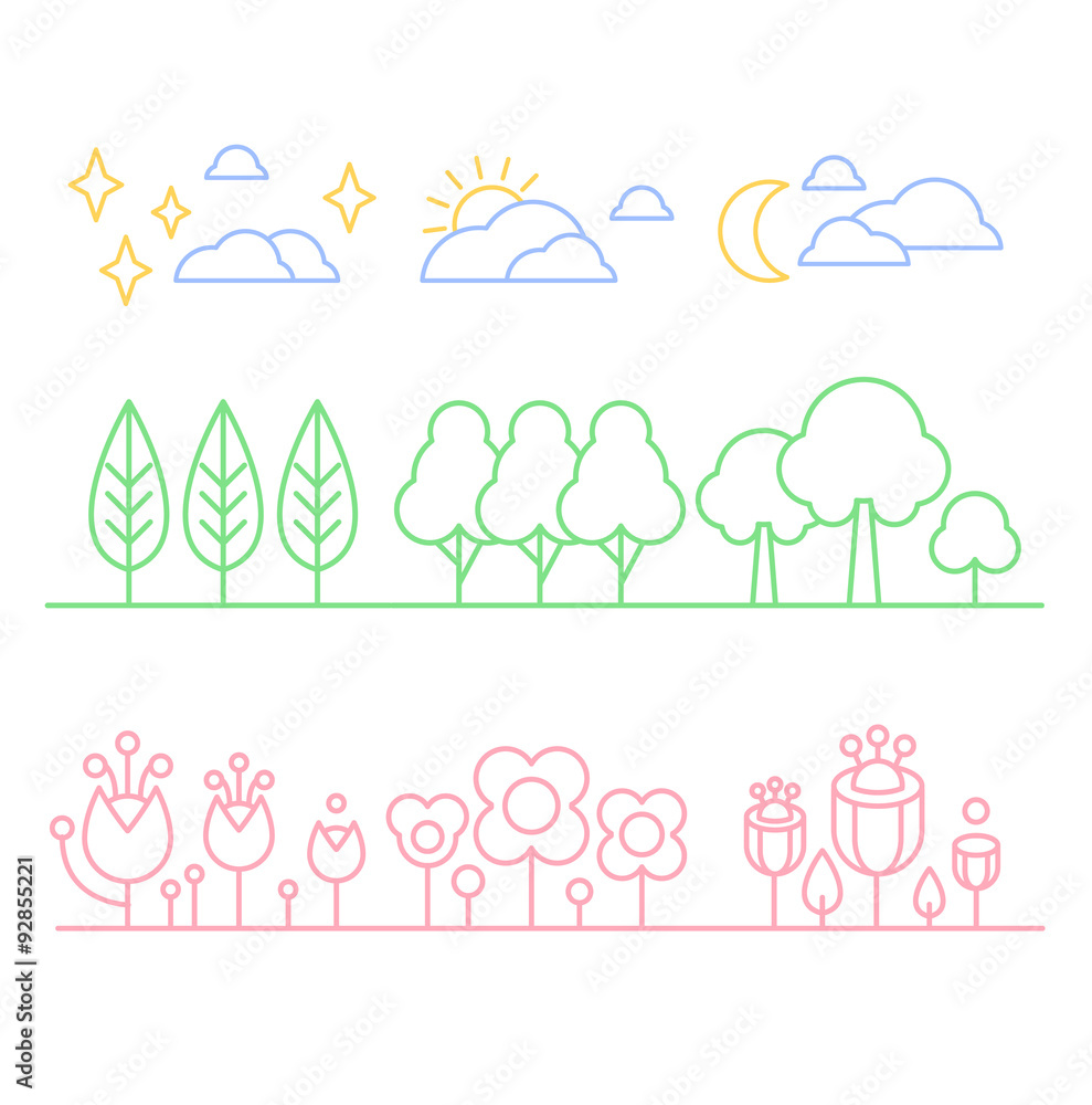 Handdrawn Trees and Flowers in Linear Style Handdrawn Trees and Flowers in Linear Style