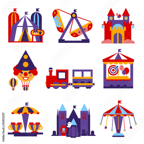 Amusement Park Vector Flat Design Illustrations Set