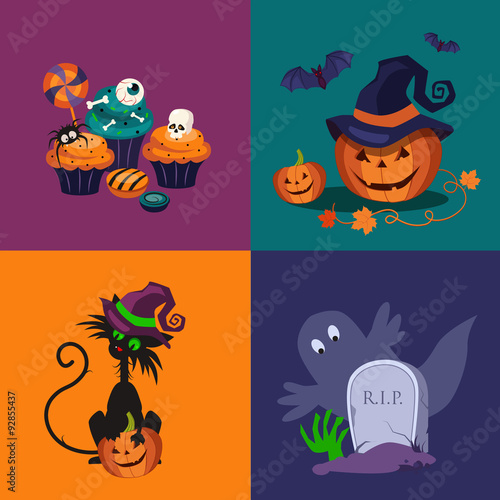 Pumpkin  Sweets and Cat Halloween Vector Illustrations Set