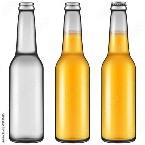 Realistic looking beer bottle illustration - empty, closed full and opened full versions. Vector illustration.