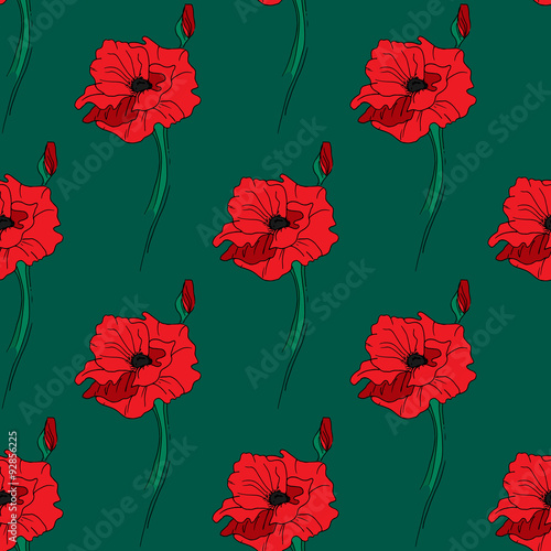 Illustration of alone red poppy. Seamless pattern.