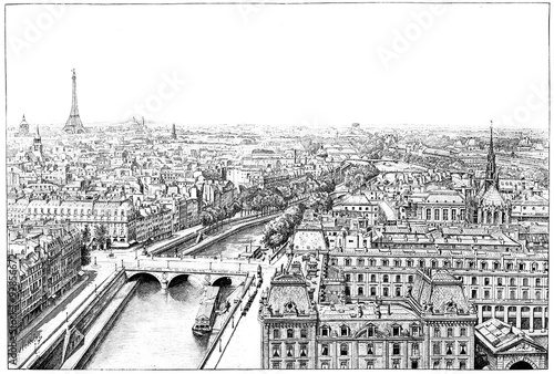 Panorama of the Seine near Notre Dame, vintage engraving.