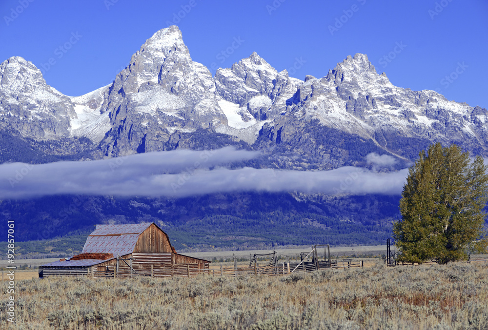 Rural landscape with alpine background with snow capped peaks, Grand Teton National Park, Wyoming, USA Rural landscape with alpine background with snow capped peaks, Grand Teton National Park, Wyoming, USA