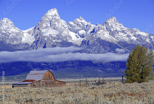 Rural landscape with alpine background with snow capped peaks, Grand Teton National Park, Wyoming, USA