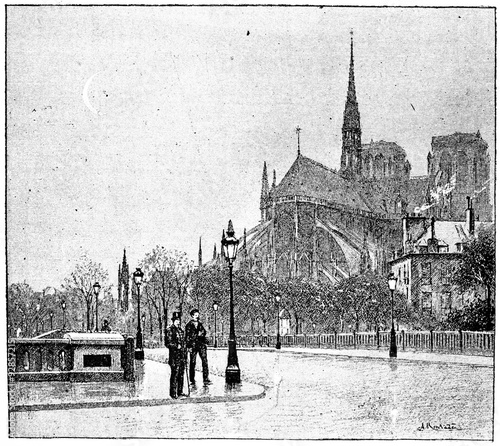 The apse of Notre Dame seen from St. Louis bridge, vintage engra photo