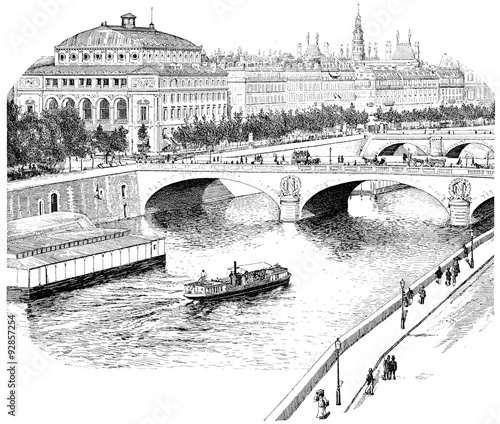 The Seine for the Quai de l'Horloge, vintage engraving. #92857254