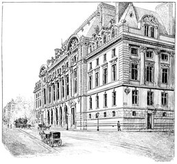 Facade of the new Sorbonne, vintage engraving.