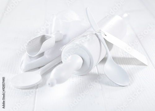 Fototapeta Naklejka Na Ścianę i Meble -  All white baking utensils on white