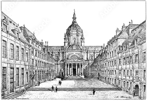The courtyard of the Sorbonne, vintage engraving. #92857459