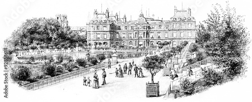 The grand facade of the Palace Garden, vintage engraving. photo