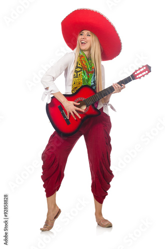 Woman wearing guitar with sombrero