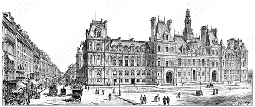Photography Rue de Rivoli and City Hall, vintage engraving.