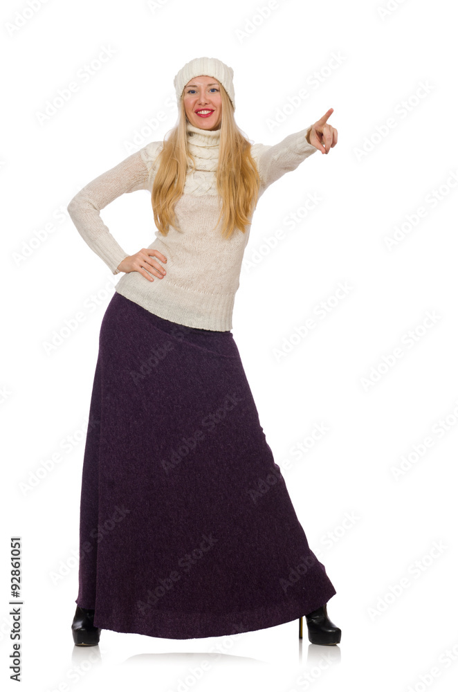 Pretty girl in violet long dress isolated on white Pretty girl in violet long dress isolated on white