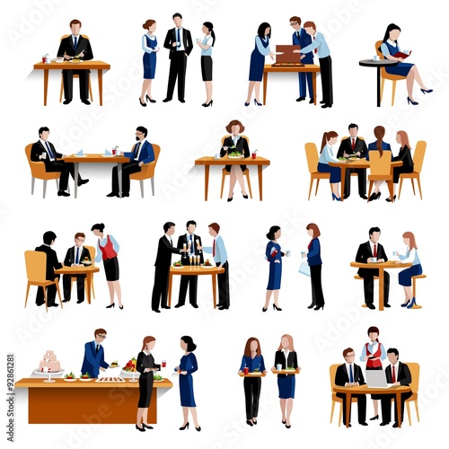 Business lunch pause flat icons collection
