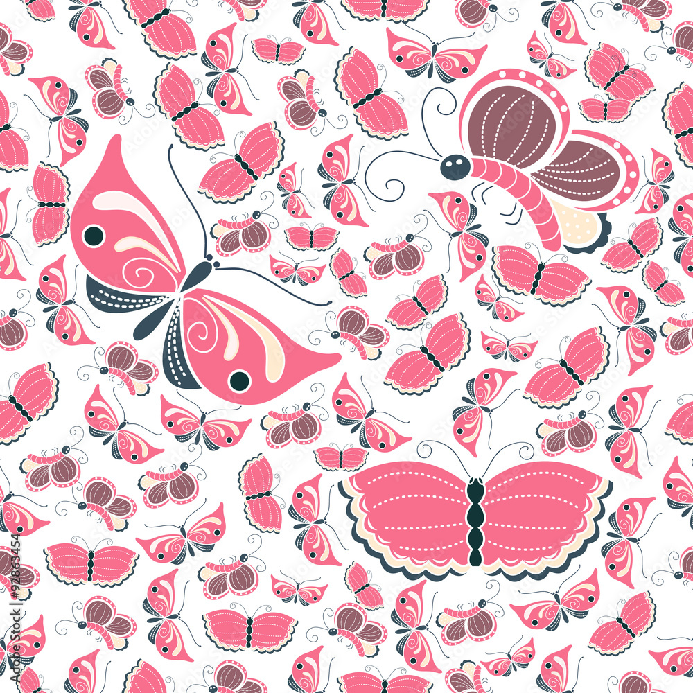 Naklejka premium Vector seamless pattern of pastel color butterflies. Sweet and tenderness background
