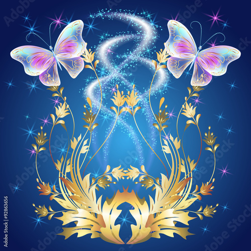 Transparent butterflies with golden ornament and glowing firewor