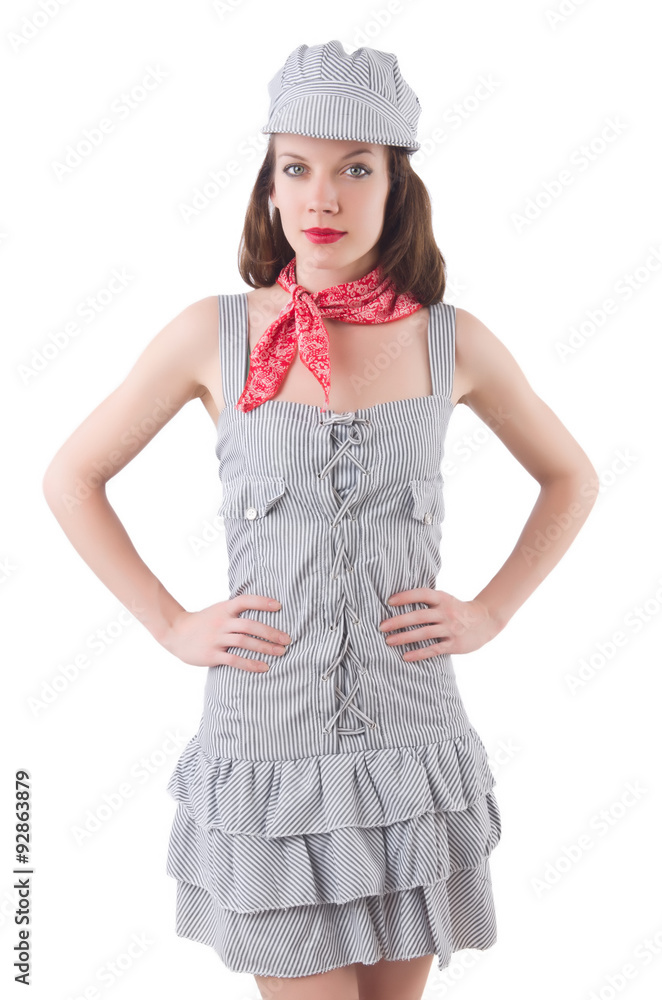 Young woman in gray striped dress isolated on white Young woman in gray striped dress isolated on white