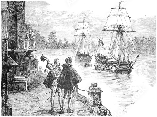 The expedition Frobisher down the Thames, vintage engraving. photo