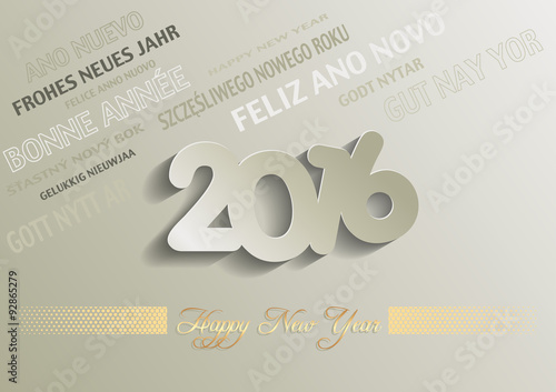 Happy New Year 2016 Greeting Card - Multilingual Texts, Vector Illustration