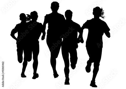 Woman athletes on running race on white background