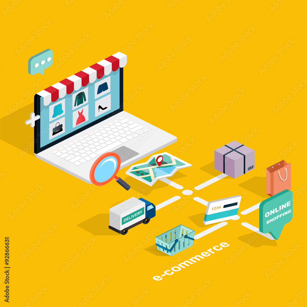 Flat 3d web isometric e-commerce, electronic business, online sh