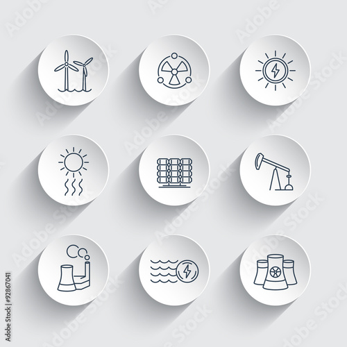 Power, energy production, energetics, solar, nuclear energy, line round icons, vector illustration