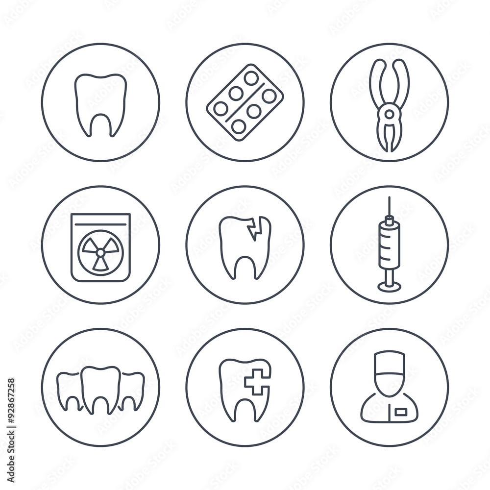 Tooth, dental care, dental pliers, dentist, teeth line icons in circles, vector illustration Tooth, dental care, dental pliers, dentist, teeth line icons in circles, vector illustration