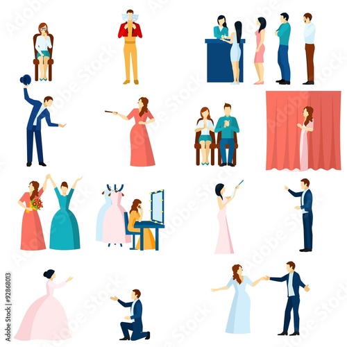 Theater actors flat icons set 