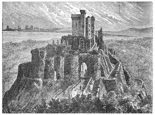 Arques castle ruins with its keep, vintage engraving. photo