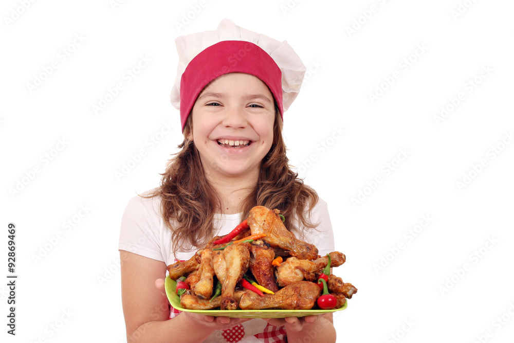 happy little girl cook with chicken drumstick happy little girl cook with chicken drumstick