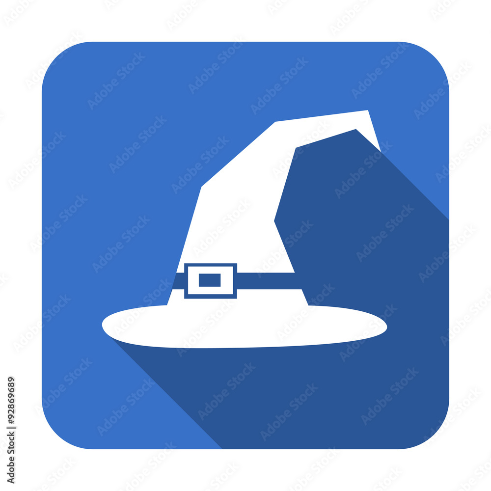 Icono plano cuadrado sombrero bruja azul Icono plano cuadrado sombrero bruja azul