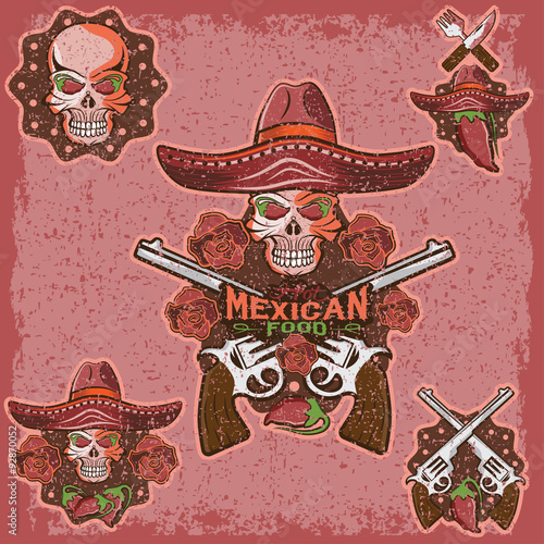 vector grunge skull in a Mexican sombrero with chili peppers,flo