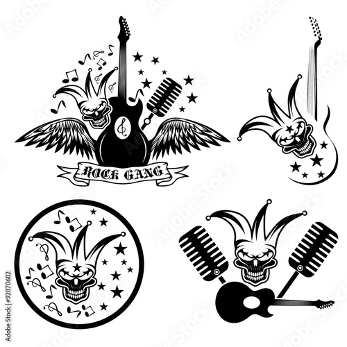 rock gang set with jester skull,wings and guitar
