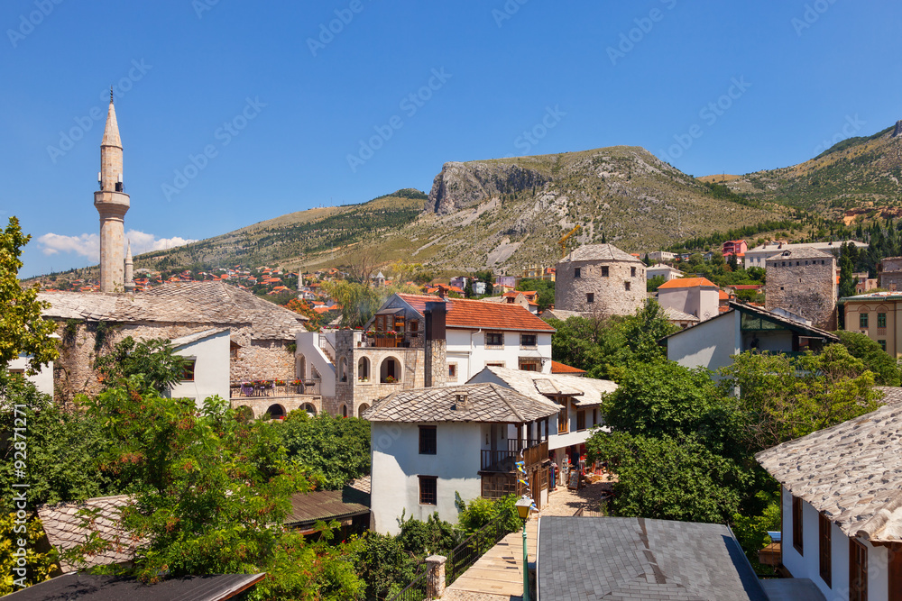 View at the Old Town in Mostar with Minaret. Bosnia and Herzegovina.