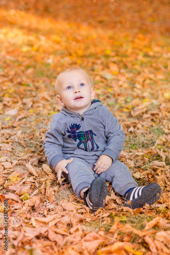Cute baby in autumn leaves.