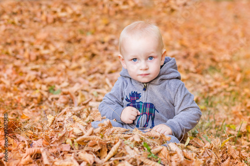 Cute baby in autumn leaves.