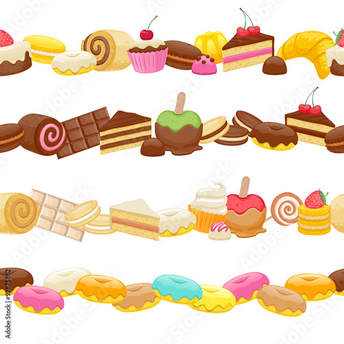 Set of sweet food seamless horizontal borders.