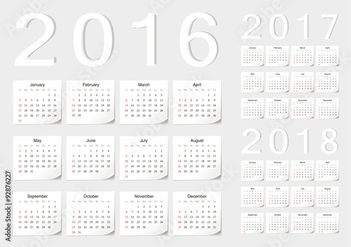 Set of European 2016, 2017, 2018 vector calendars
